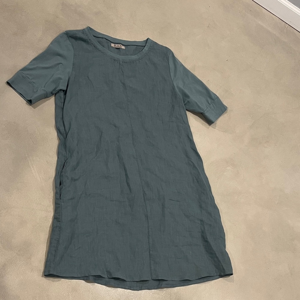 Flax Slate Blue Short Sleeve Linen Midi Dress